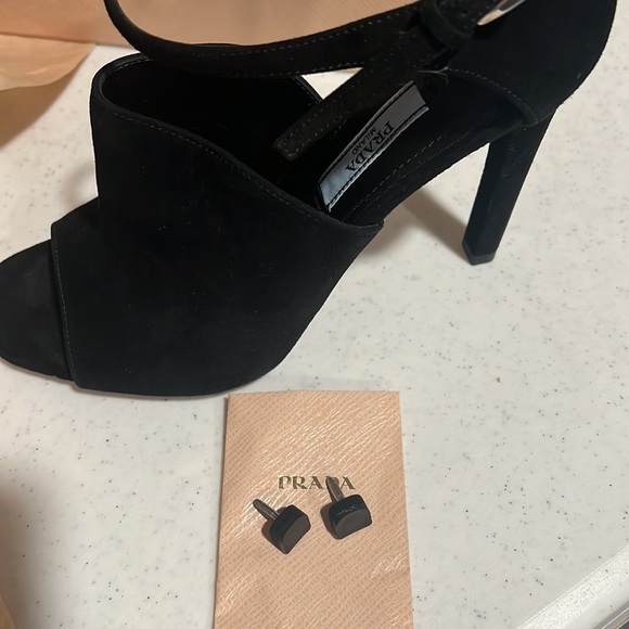 PRADA ankle strap black suede heels sandals with box, bag, and extra tips. - Picture 11 of 11